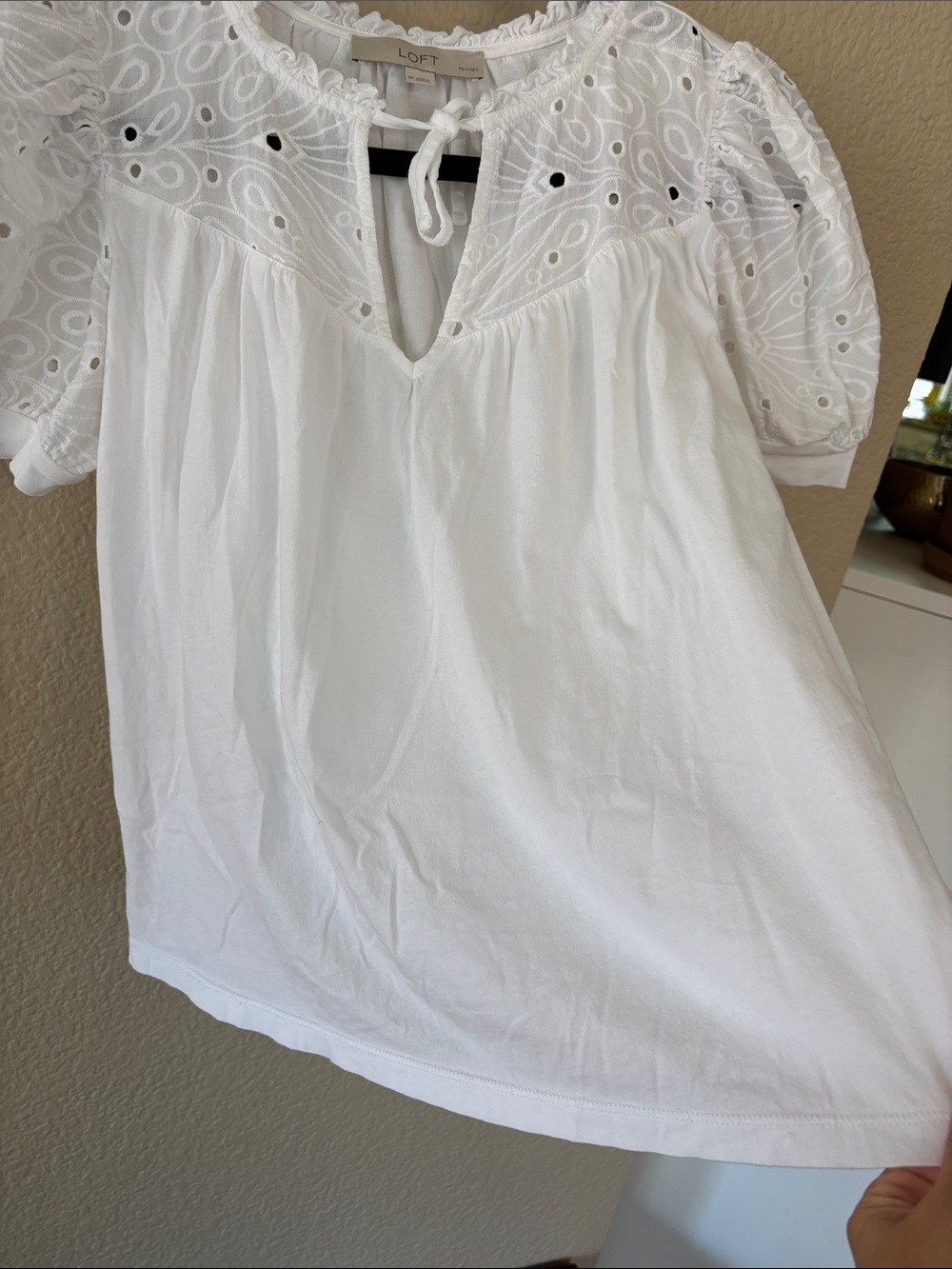 LOFT White Eyelet Tie-Neck Puff Sleeve Top - Picture 6 of 10